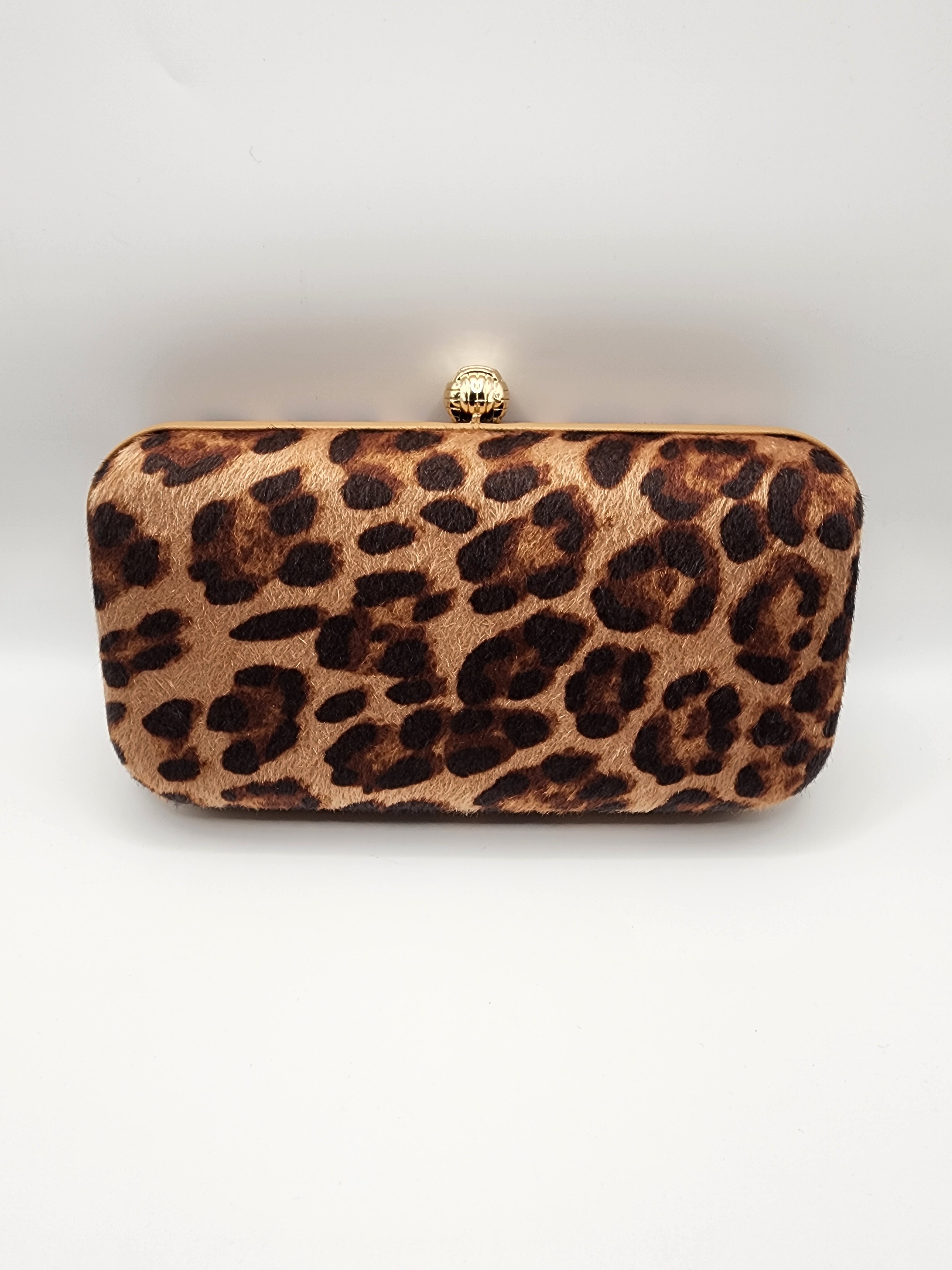 Leopard Print Clutch Bag With Gold Kiss-Lock With Chain Strap